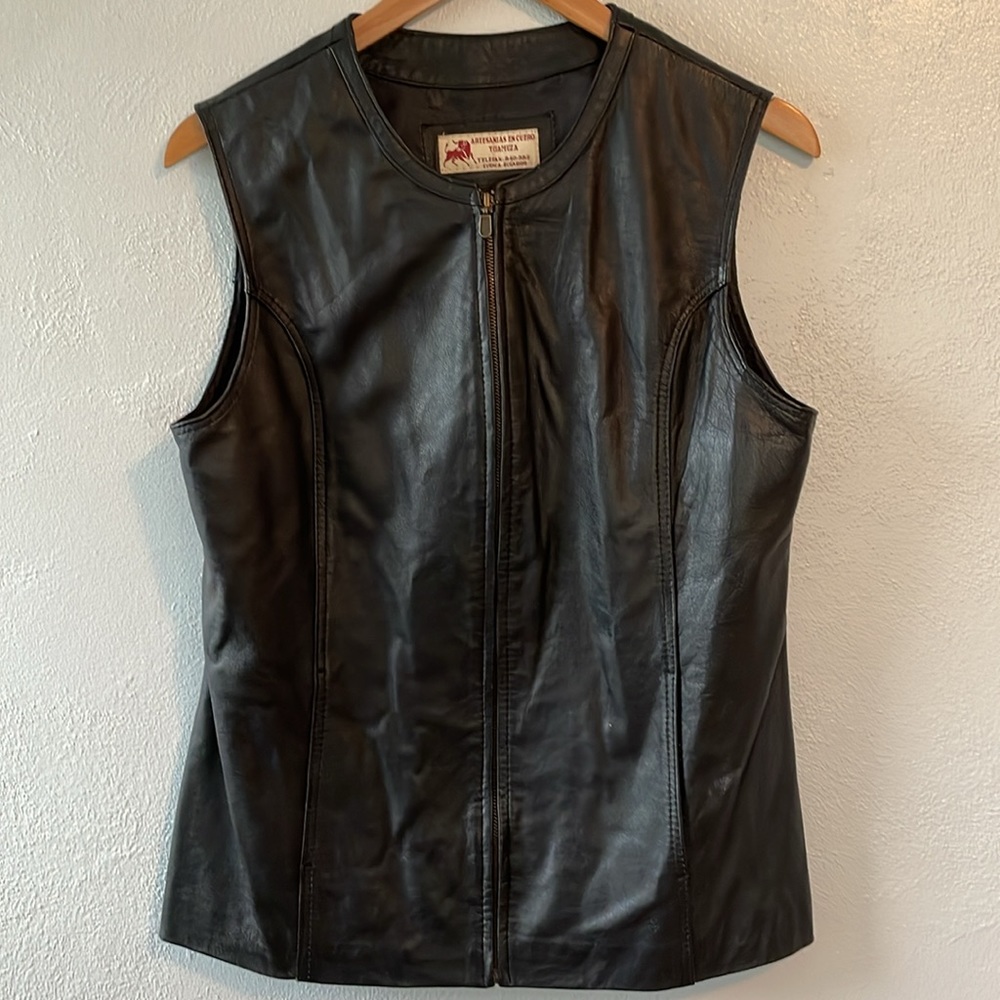Artesanias En Ceuro‎ Y Gamuza Mexican Leather Vest Black Full Zip Fitted Small